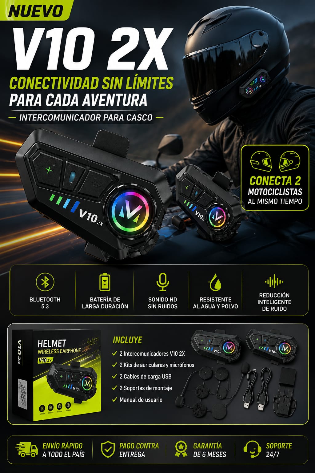 Intercomunicador Eléctrico para Casco de Moto V10 2X (Bluetooth Hands-Free Kit)