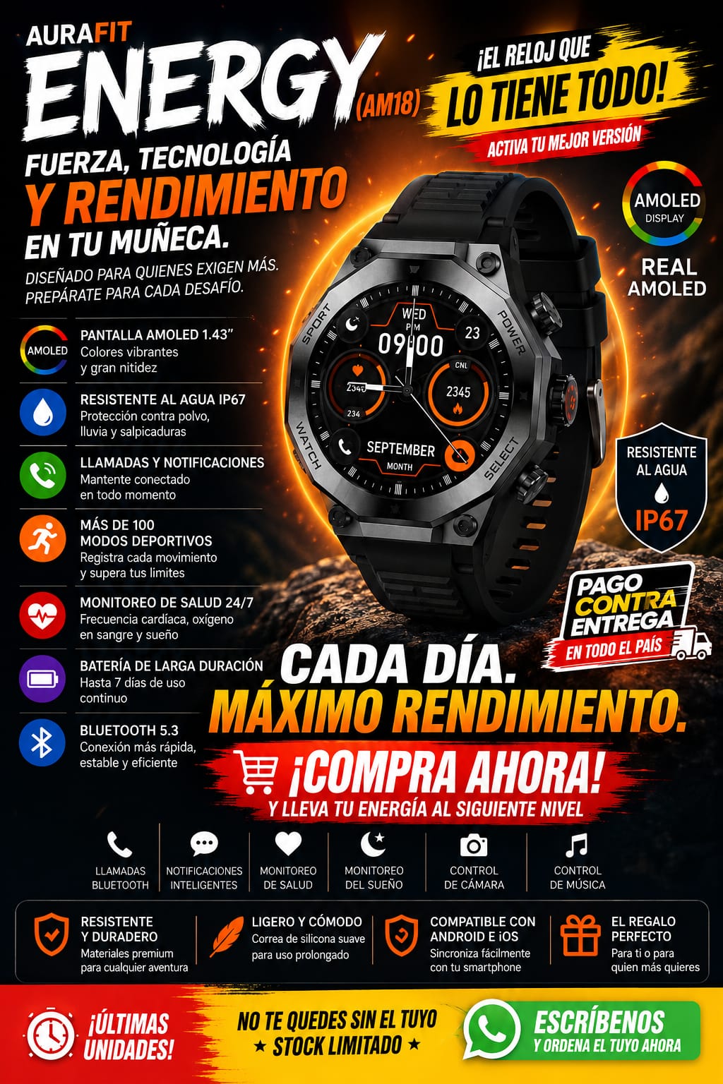 Smartwatch Deportivo Táctico AURAFT ENERGY (Reloj Inteligente Ultra Resistente)