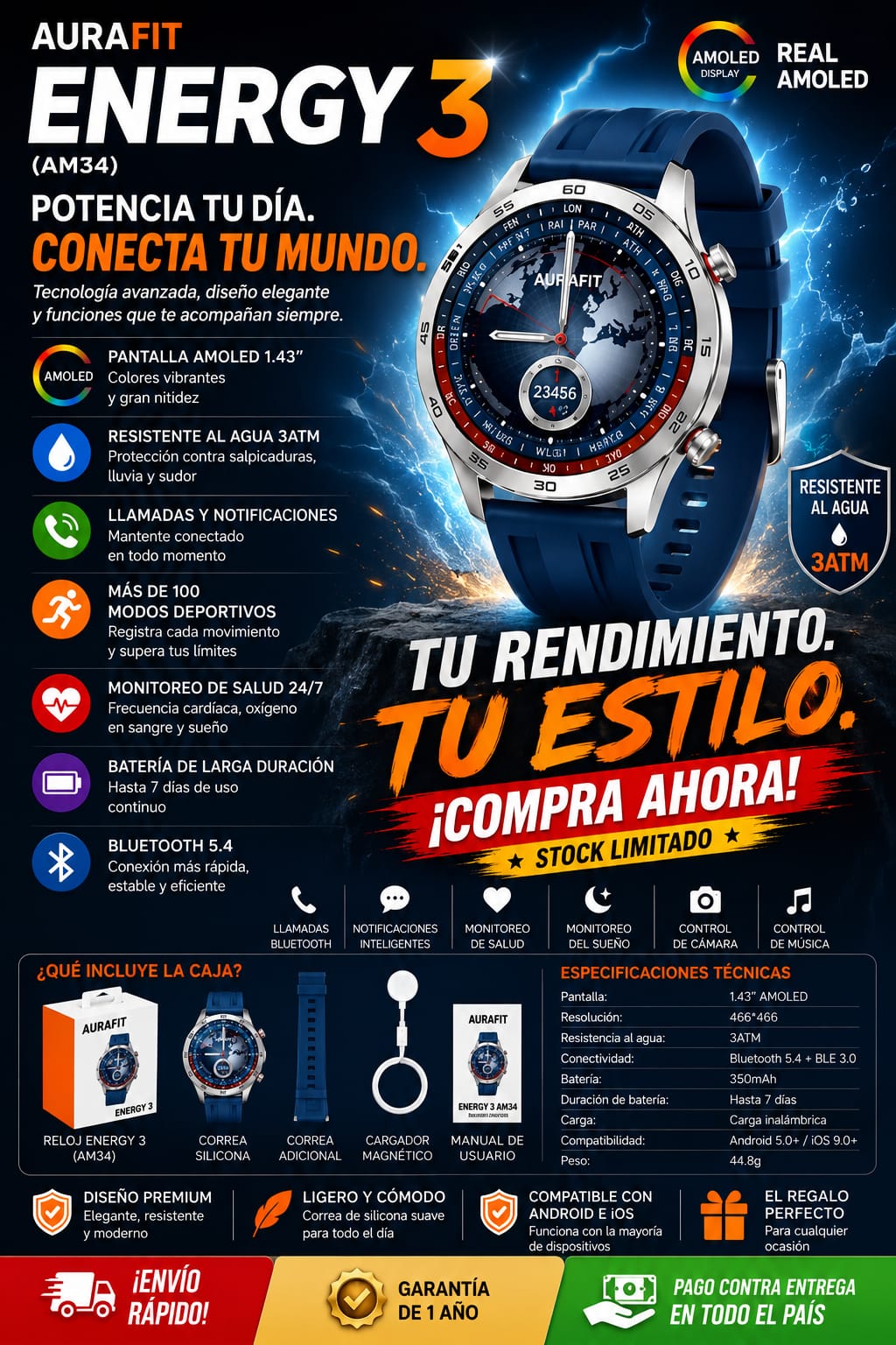 Smartwatch Táctico Deportivo AURAFT ENERGY 3 (Reloj Inteligente Ultra Resistente)