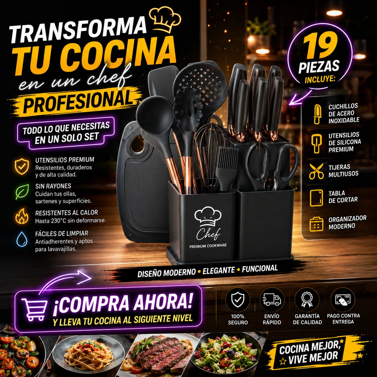 Juego de Utensilios y Cuchillos de Cocina Multifuncional 19 Piezas (Set Completo de Cocina Gourmet)