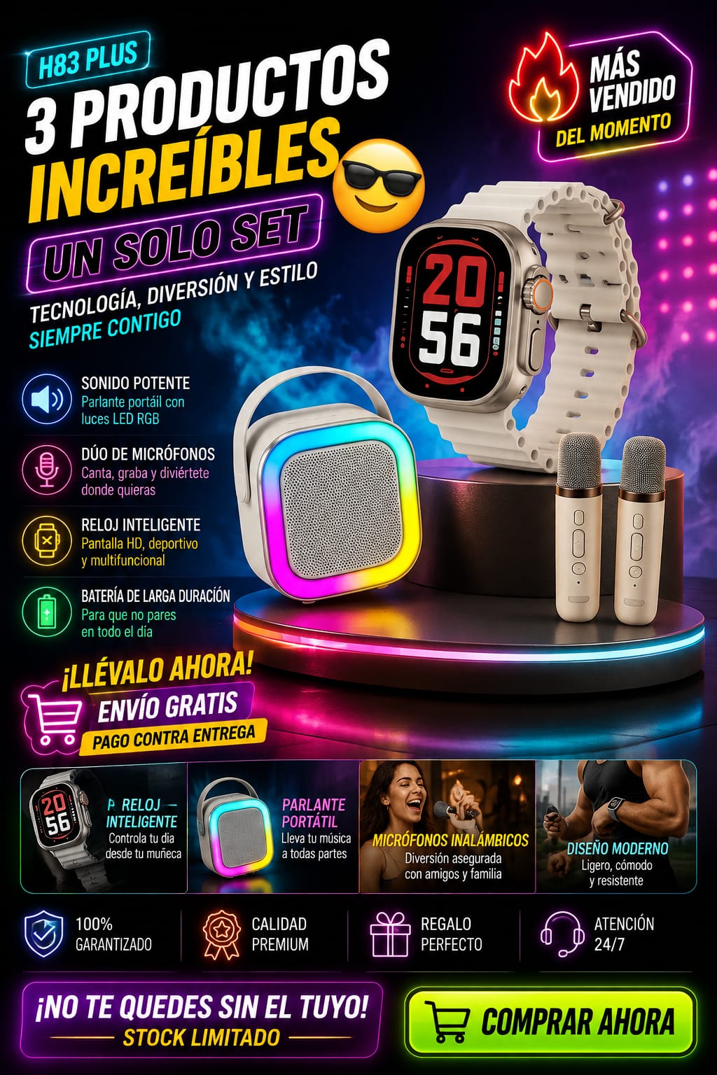 Combo Karaoke y Tecnología 3 en 1: Parlante Bluetooth RGB + Smartwatch Deportivo + Set de Micrófonos Inalámbricos